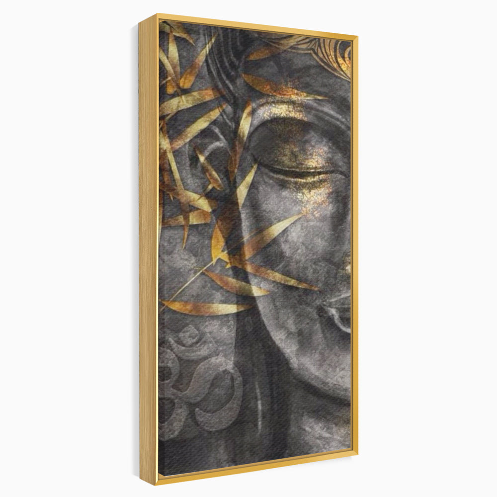 Tablou canvas cu tablou canvas cu chip de budha, in rama de aluminiu auriu